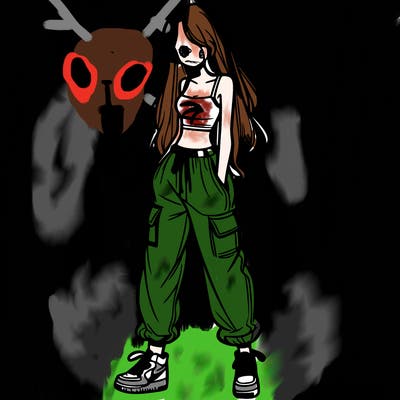 girl in baggy pants crop top and long hair