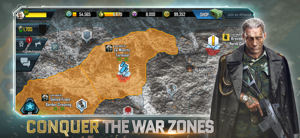 War Commander: Rogue Assault - A military commander standing next to a tactical map of war zones