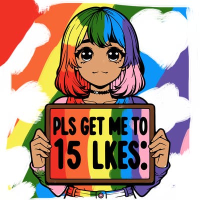 realistic girl holding up a sign that says “pls get me to 15 likes!”