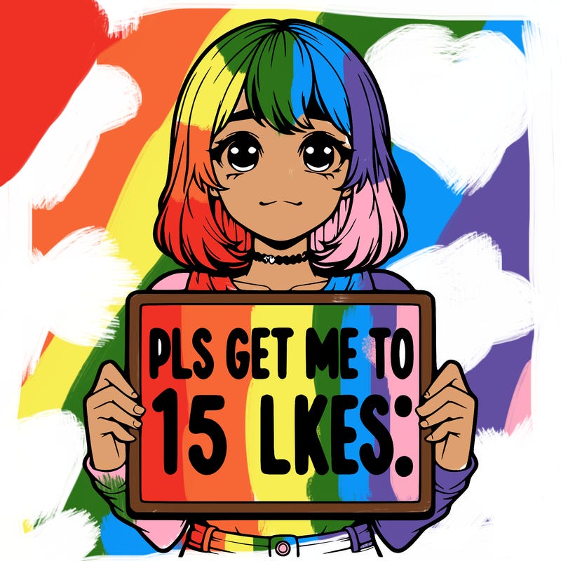 realistic girl holding up a sign that says “pls get me to 15 likes!”
