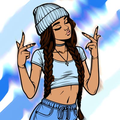 realistic teenage girl with braids and a beanie and crop top doing 🫶🏼