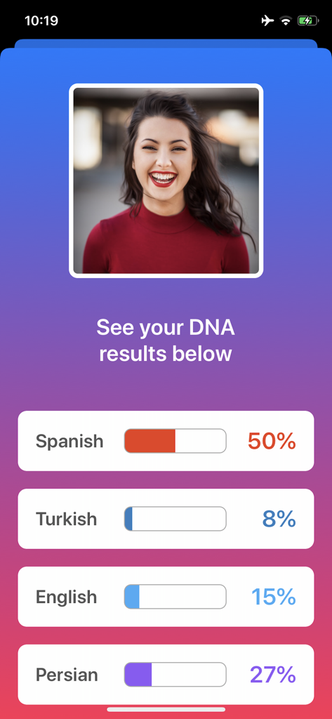 DNA ancestry results screen showing ethnicity percentages and user selfie