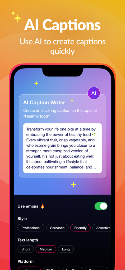 Repost+ for Instagram . - Interface of the AI Caption Generator feature in Repost Plus for Instagram showing options for tone and text length.