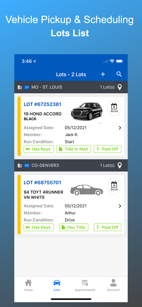 Copart Transportation - Copart Transportation app showing a list of vehicle pickup assignments with lot numbers and car details