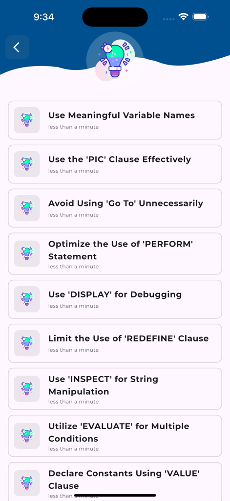 Learn COBOL Programming - Un elenco di suggerimenti e best practice per la programmazione COBOL visualizzato nella schermata di un'app mobile