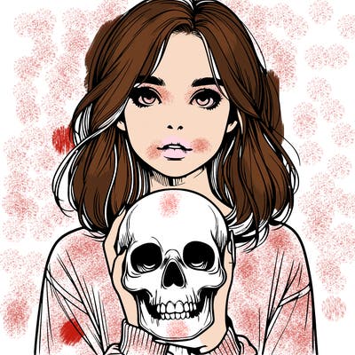 realistic girl holding a skull