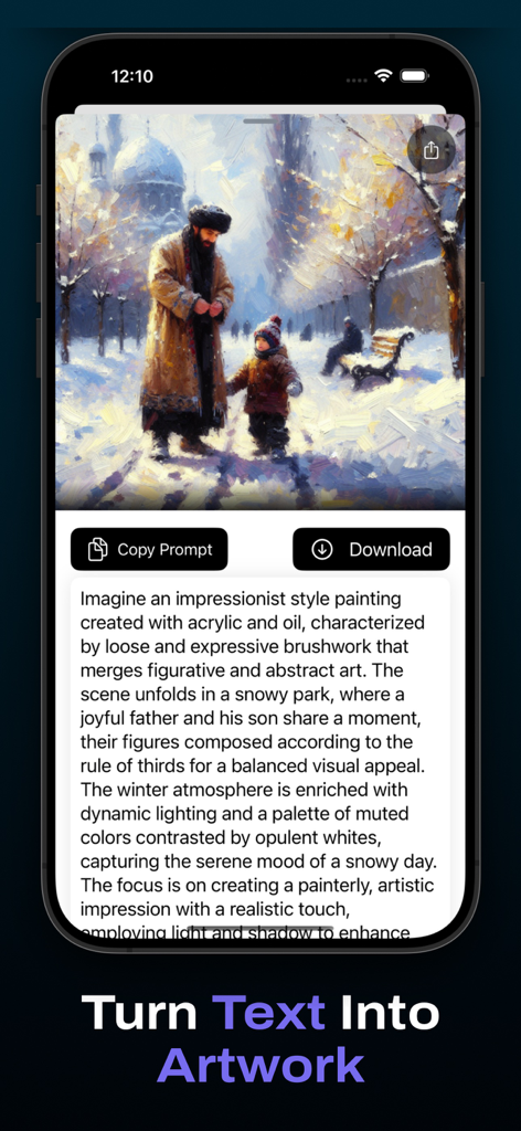 AI Art Generator-Image Creator - Aplicación Generador de Arte IA que muestra un padre e hijo en un parque nevado con una detallada indicación impresionista