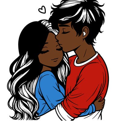 a realistic couple boy and girl hugging and kissing