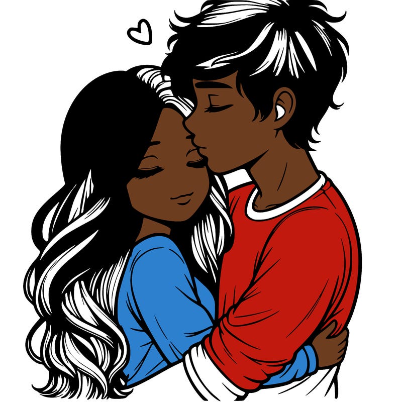 a realistic couple boy and girl hugging and kissing