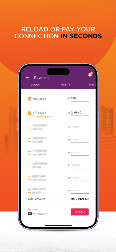 MyDialog - L'écran de paiement de l'application MyDialog affiche les options de rechargement de la connexion et de paiement des factures.