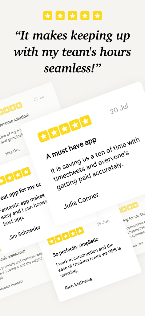 Collage of five star user reviews for Atto time tracking app highlighting ease of use and GPS tracking for businesses