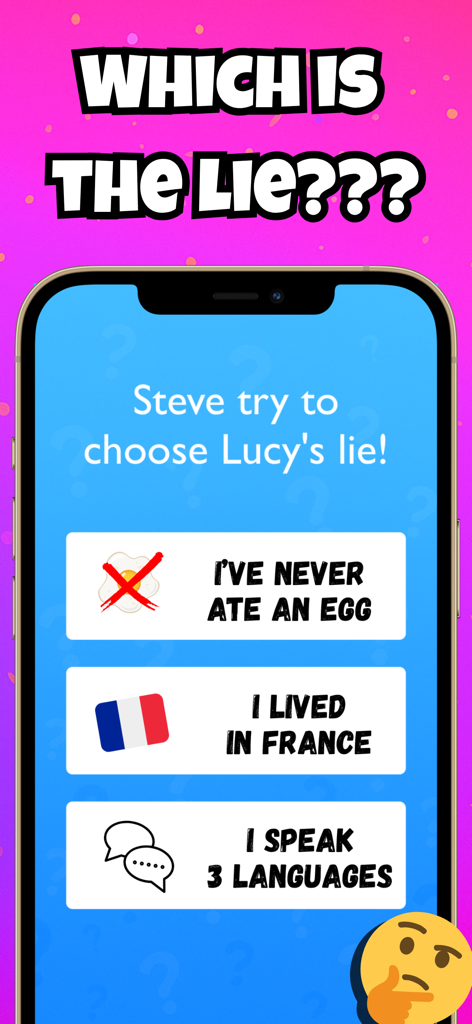 Two Truths and A Lie - Interfaz del juego móvil Dos Verdades y Una Mentira mostrando tres declaraciones para que un jugador adivine la mentira