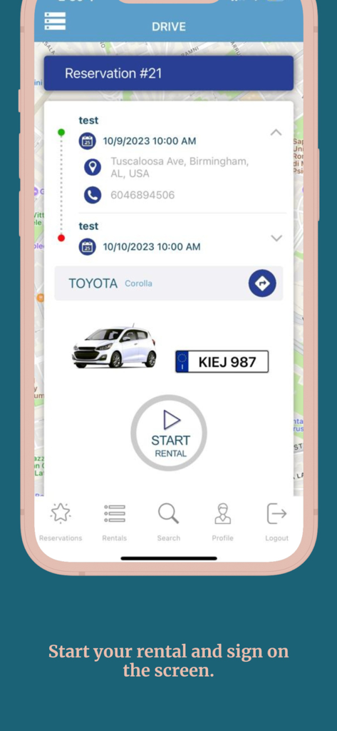 Zippy App - Mobile screen of Zippy App showing rental reservation details and a start rental button