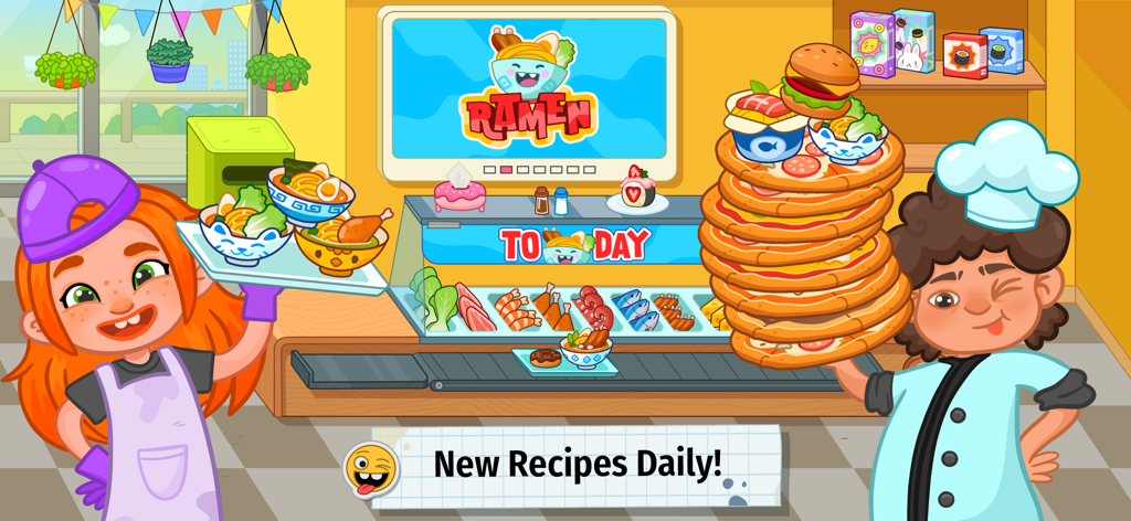Pepi School: Fun Kid Games - Two characters holding ramen bowls and a large stack of pizzas in a school cafeteria