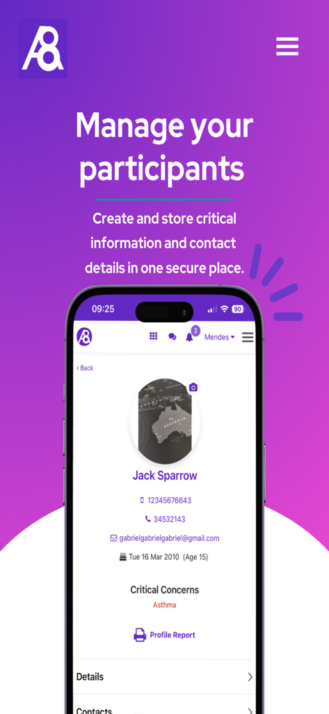 Ability8 - Screenshot of the Ability8 app showing a participant profile with contact details and critical health information