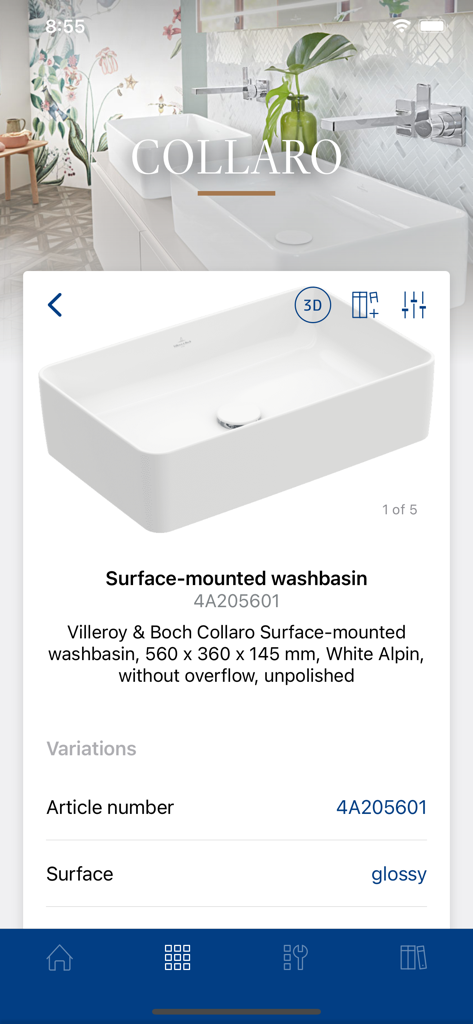 Spécifications techniques et vue 3D d'un lavabo à poser Collaro dans l'application professionnelle Villeroy & Boch.