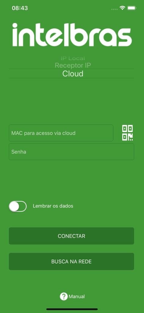 Pantalla de inicio de sesión y conexión de AMT Remoto Mobile para sistemas de seguridad Intelbras