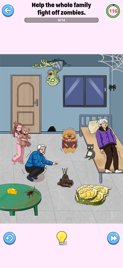 Brain Up - Drama Puzzle Game - A cartoon puzzle level where a family is scared by a zombie hanging from the ceiling