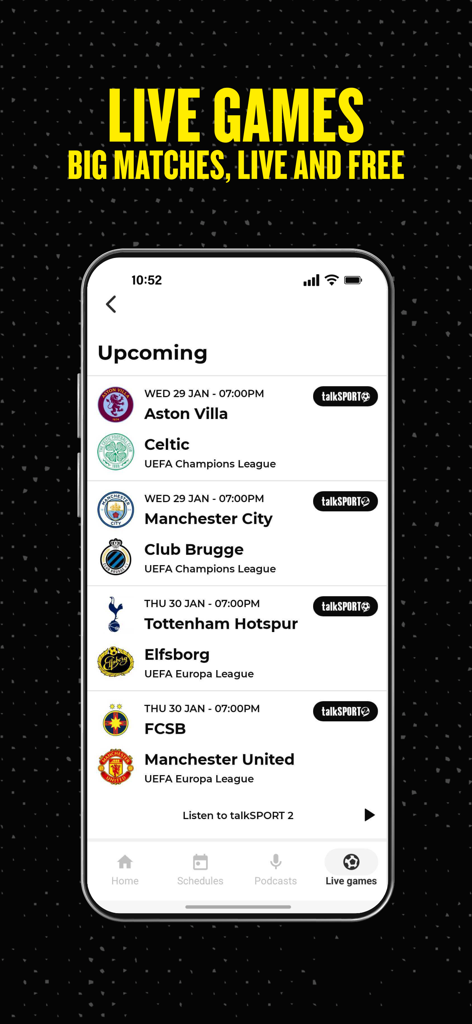 talkSPORT - talkSPORT app interface showing upcoming live soccer matches and schedules