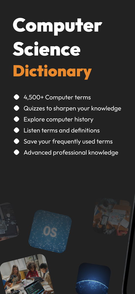 Introductory screen of the Computer Science Dictionary app listing key features such as quizzes and audio definitions