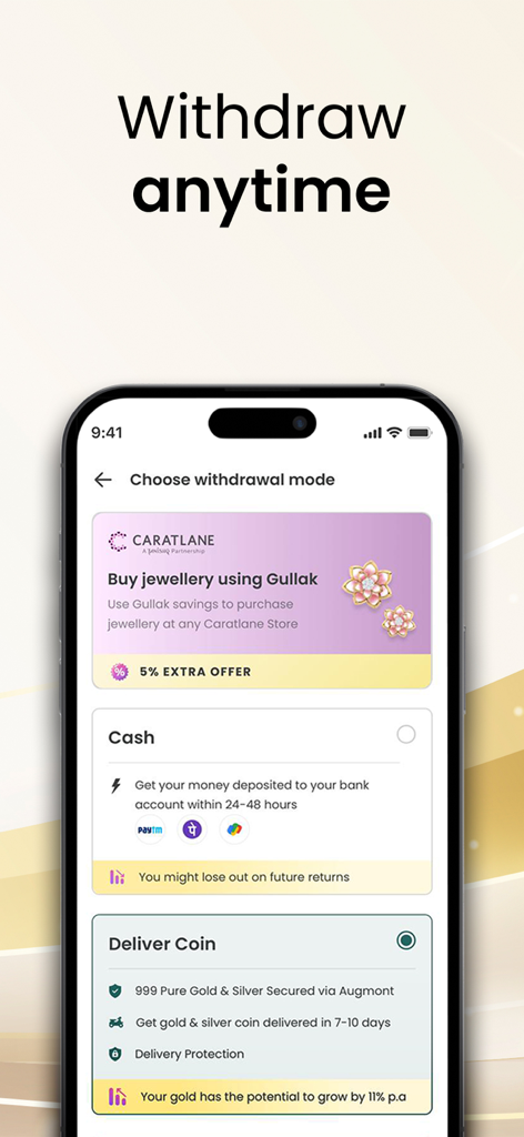 Interface of Gullak app showing options to withdraw savings as cash jewelry or gold coins