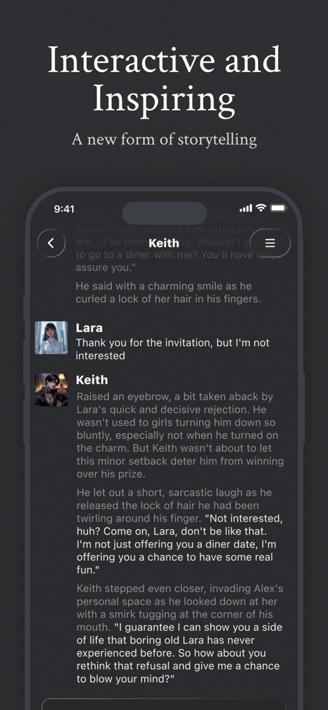Janitor AI - A screenshot of the Janitor AI app interface showing an interactive roleplay chat between characters Lara and Keith