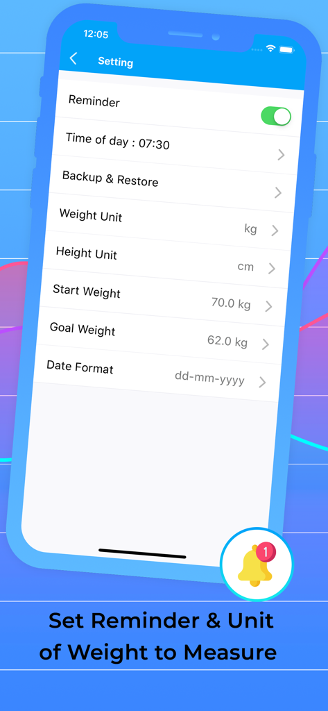 Weight Tracker & Check BMI - Settings screen of the Weight Tracker app showing options to set reminders units start weight and goal weight