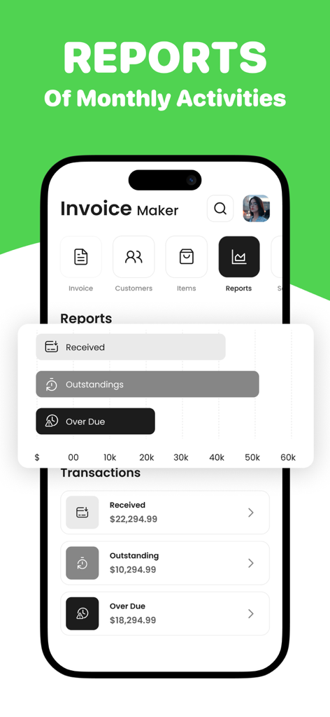 Invoice Maker - Simple Bills - A dashboard screen of the Invoice Maker app showing monthly reports for received, outstanding, and overdue payments.