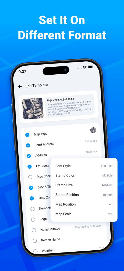 GPS Camera: Stamp Photo Map - Interfaz de la aplicación GPS Camera que muestra la pantalla Editar Plantilla con opciones para personalizar el tipo de mapa, dirección, latitud, longitud y la apariencia del sello