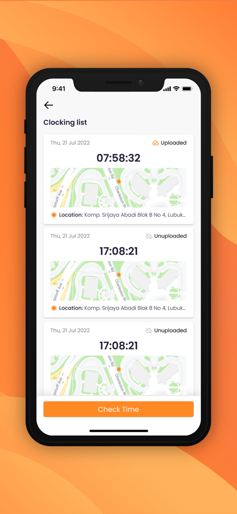 A mobile app screen showing a clocking list with timestamps and GPS map locations for employee attendance tracking