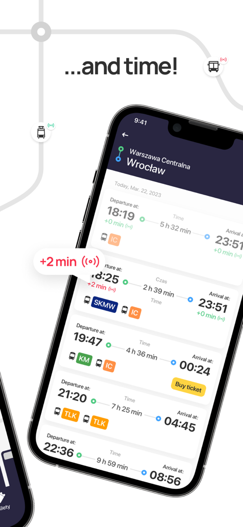 Tela de smartphone do aplicativo Jakdojade mostrando horários de trens em tempo real e horários de partida de Varsóvia para Wroclaw.