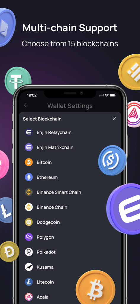 Smartphone screen displaying the Enjin wallet multi-chain support menu with various blockchain options like Bitcoin and Ethereum