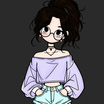 girl with a messy ponytail glasses a baggy crop top and jean shorts