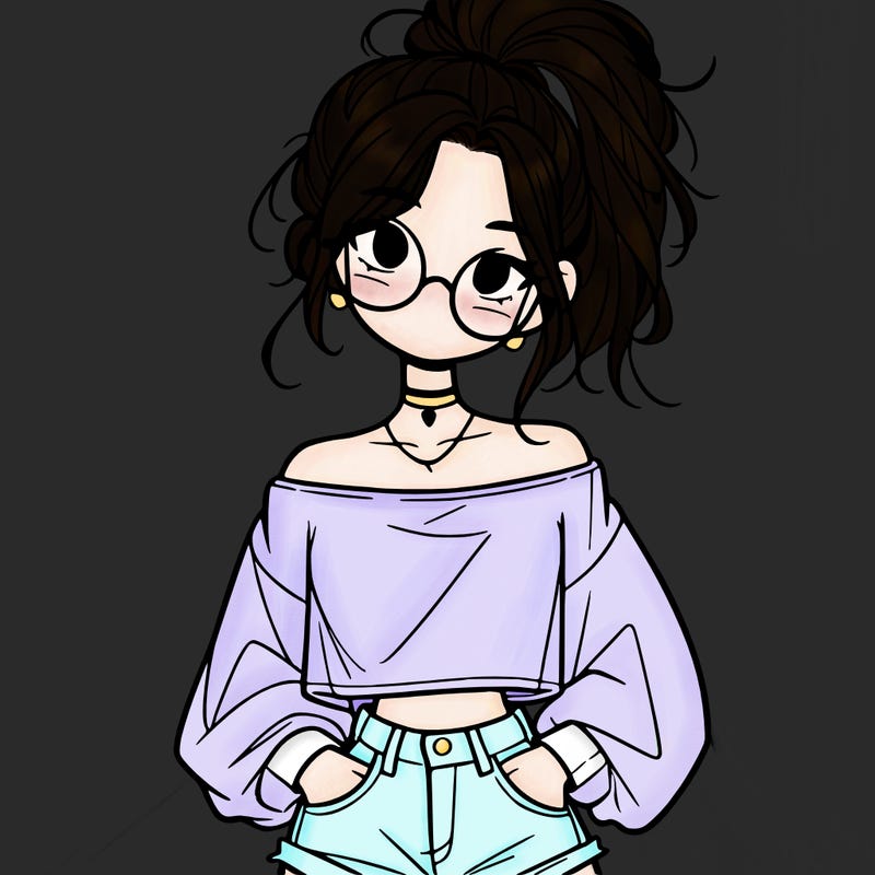 girl with a messy ponytail glasses a baggy crop top and jean shorts