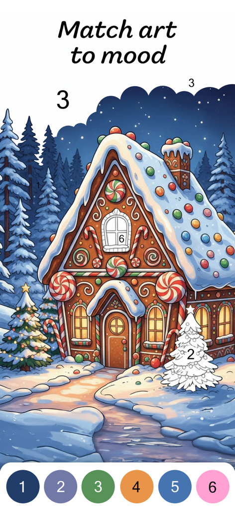 Color by Numbers for Adults - Ein festliches Lebkuchenhaus in einem verschneiten Wald-Malblatt mit nummerierten Abschnitten