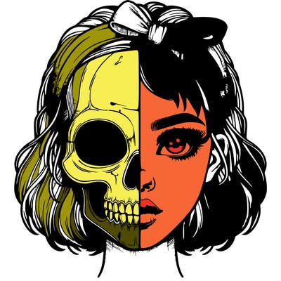 realistic girl with half skull mask