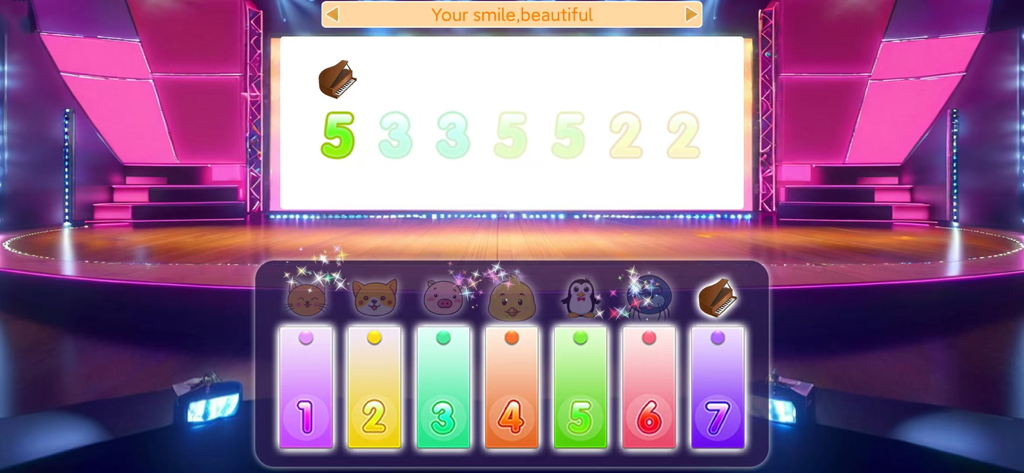 Fun games -Learn with Fun - Interaktives Klavierspiel für Kinder mit nummerierten Tasten und Tiermaskottchen auf einer rosa Bühne