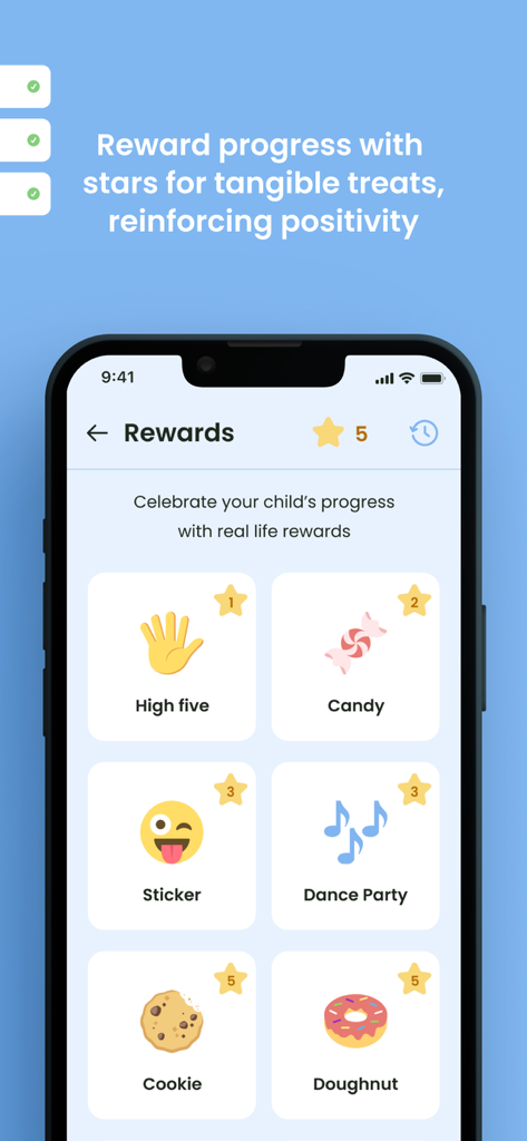 Star Reward Charts - Interface de l'application Star Reward Charts montrant une liste de récompenses pour les enfants, y compris des autocollants et des friandises