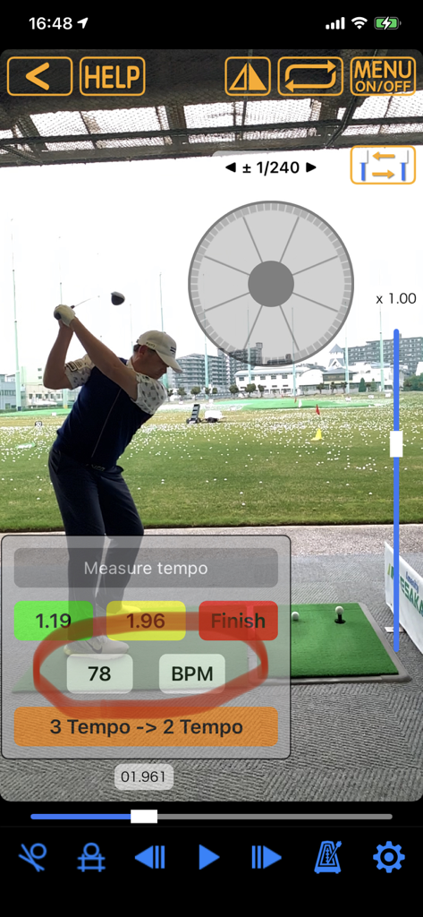 Golf Swing Check - Slow Movie - Golf Swing Check app interface showing slow-motion video analysis with a 78 BPM tempo measurement