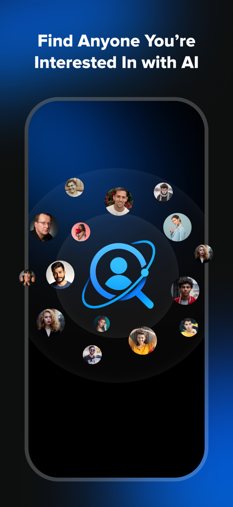 TruthSeek AI deep search tool interface showing a central magnifying glass icon surrounded by diverse user profile photos.