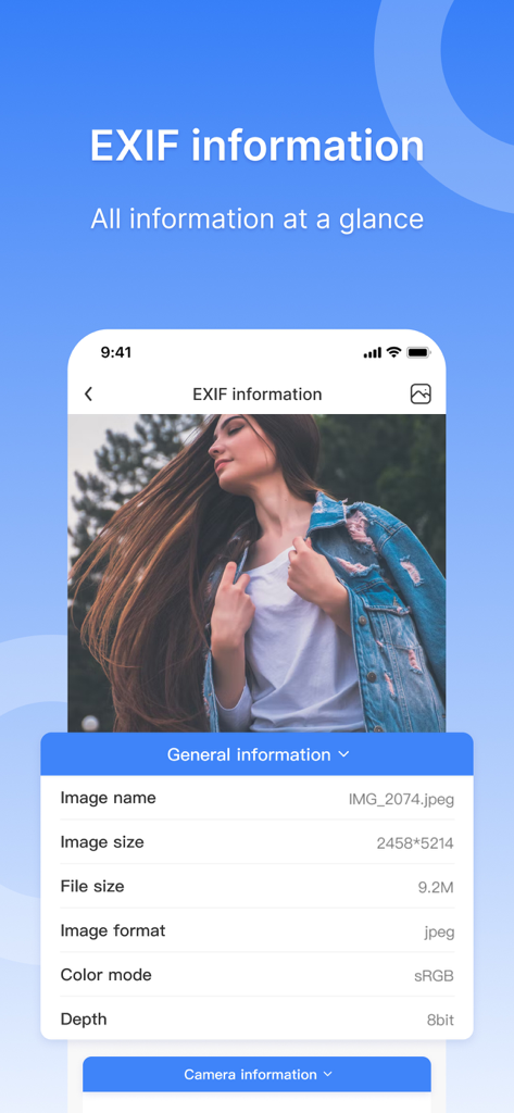 Exif Viewer&Compress Photos - Interface of the Exif Viewer app displaying general photo information like size, format, and color mode