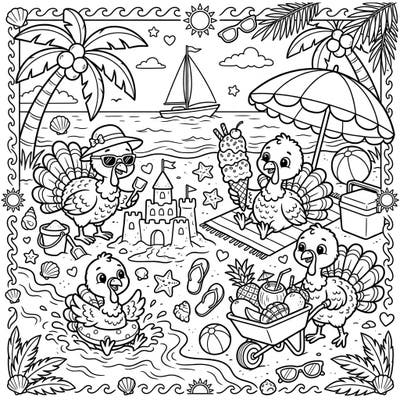 Get ready for a sun-soaked adventure with our delightful baby turkeys! This charming coloring page brings the joy of a summer vacation to life with beach activities, refreshing treats, and playful moments.