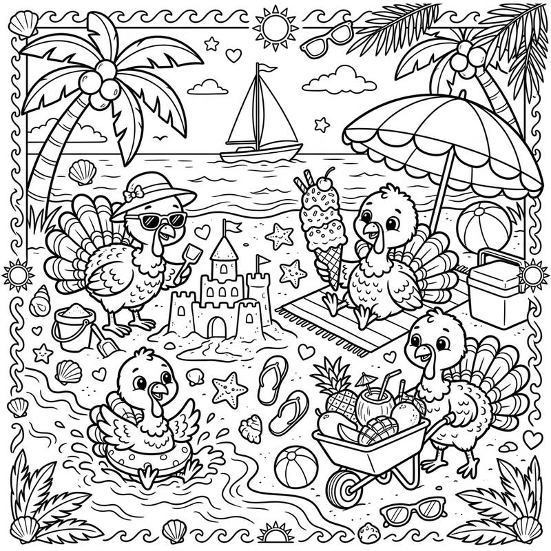 Get ready for a sun-soaked adventure with our delightful baby turkeys! This charming coloring page brings the joy of a summer vacation to life with beach activities, refreshing treats, and playful moments.