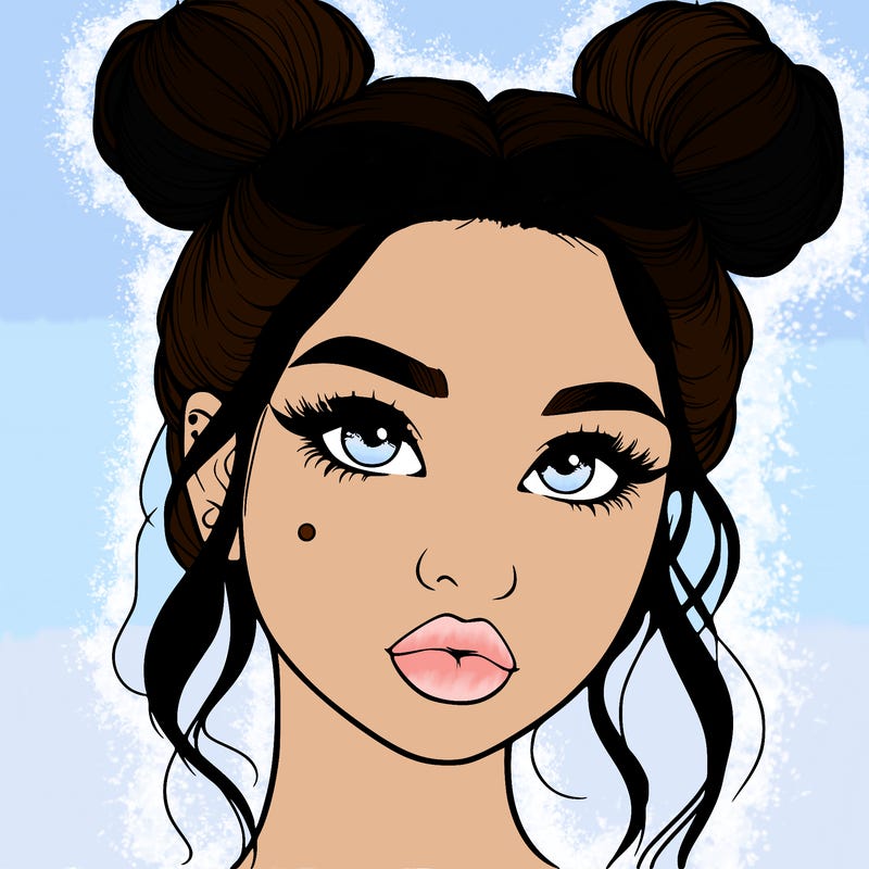 realistic girl with two buns on her hair and lips