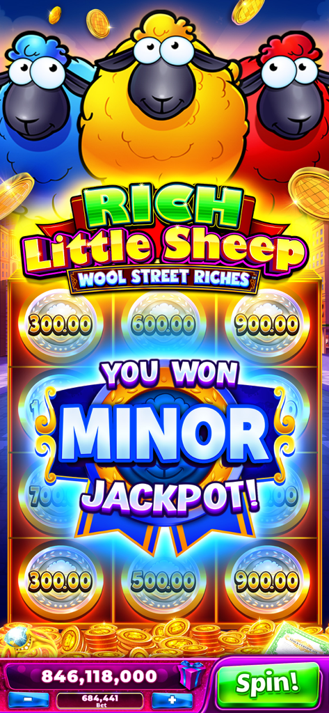 Jackpot Party - Casino Slots - Captura de pantalla del juego de Jackpot Party Casino mostrando una ganancia de bote menor en la tragamonedas Rich Little Sheep.