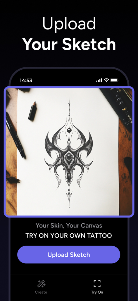 Interface showing the option to upload a custom tattoo sketch in the InkLab app