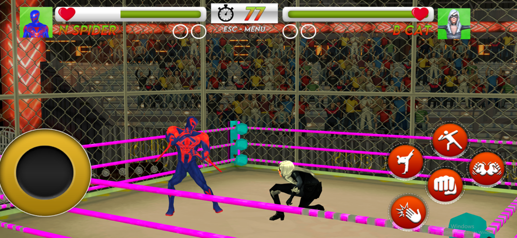 Spider Hero Fighting Games - A spider hero in a blue and red suit fighting a female character in a wrestling ring.