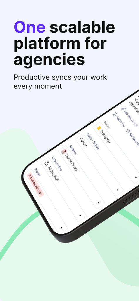 Smartphone screen displaying the Productive app task management interface for professional agencies