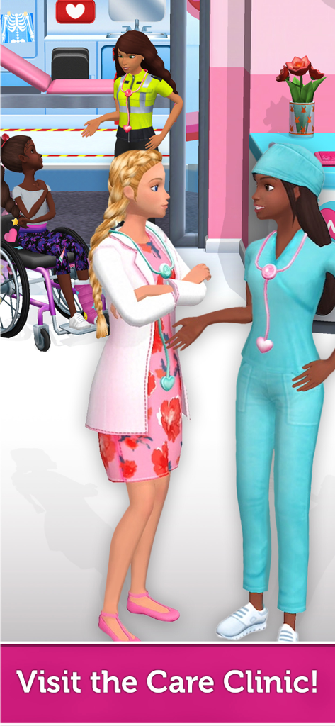 Barbie Dreamhouse Adventures - Barbie e amigos em um ambiente de clínica médica com personagens vestidos como médicos e enfermeiros auxiliando um paciente em uma cadeira de rodas.