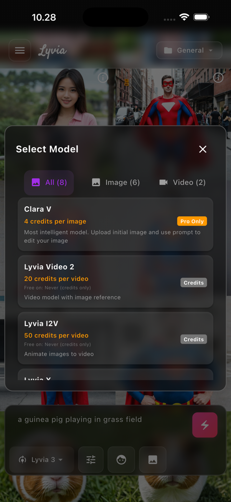 Lyvia - Lyvia app interface showing the selection menu for AI image and video models including Clara V and Lyvia Video 2